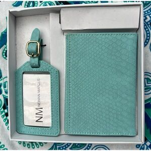 NIB Neiman Marcus Turquoise Luggage Tag & Passport Wallet 2-Piece Set